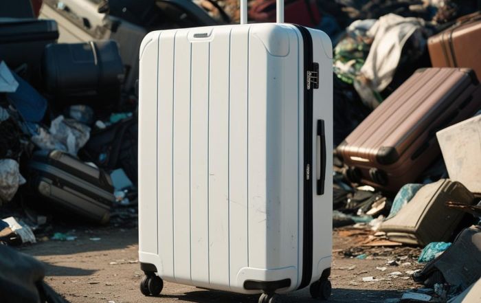 new white suitcase in a rubbish tip lost luggage 2025