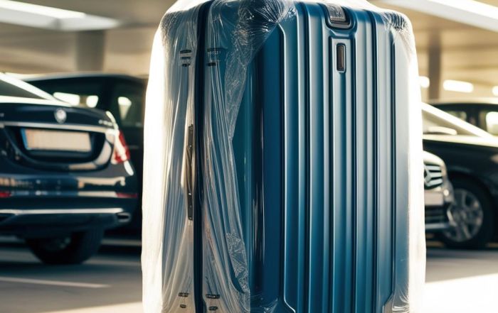 suitcase wrapped in clear plastic in airport car park